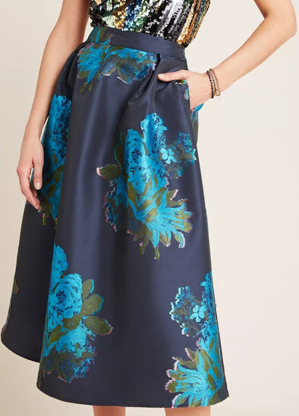 Anthropologie Maeve Ronette Jacquard Elegant Blue Floral Midi Skirt - Size 4